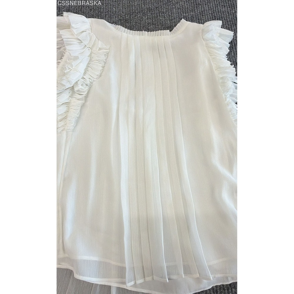 White House Black Market Women's White Pleated Ruffle Flutter Sleeve Blouse Sz S - Picture 7 of 8